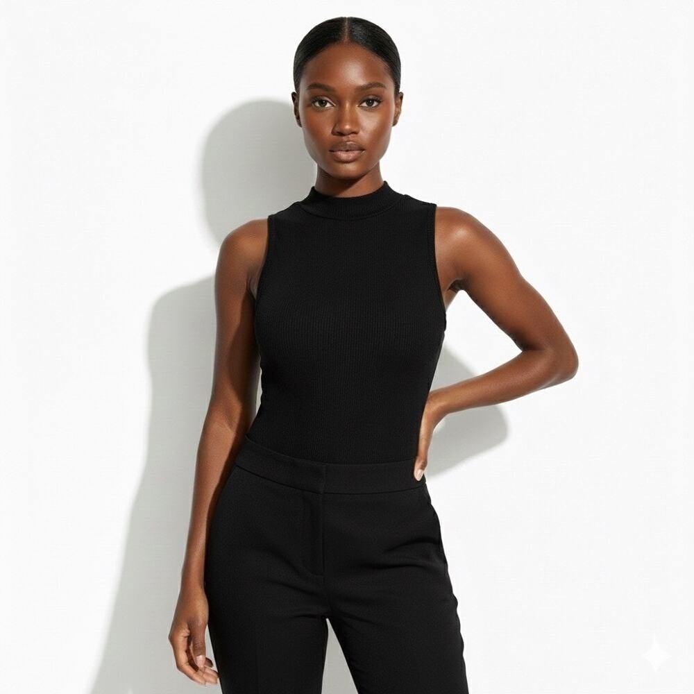 NWT Bozollo Ribbed Mock Neck Sleeveless Bodysuit Black Minimalist Chic Size M